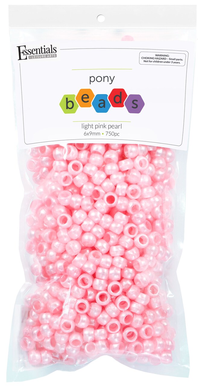 Essentials by Leisure Arts Pony Bead 6mm x 9mm Pearl Light Pink Opaque Plastic Pony Beads Bulk 750 pieces for Arts, Crafts, Bracelet, Necklace, Jewelry Making, Earring, Hair Braiding